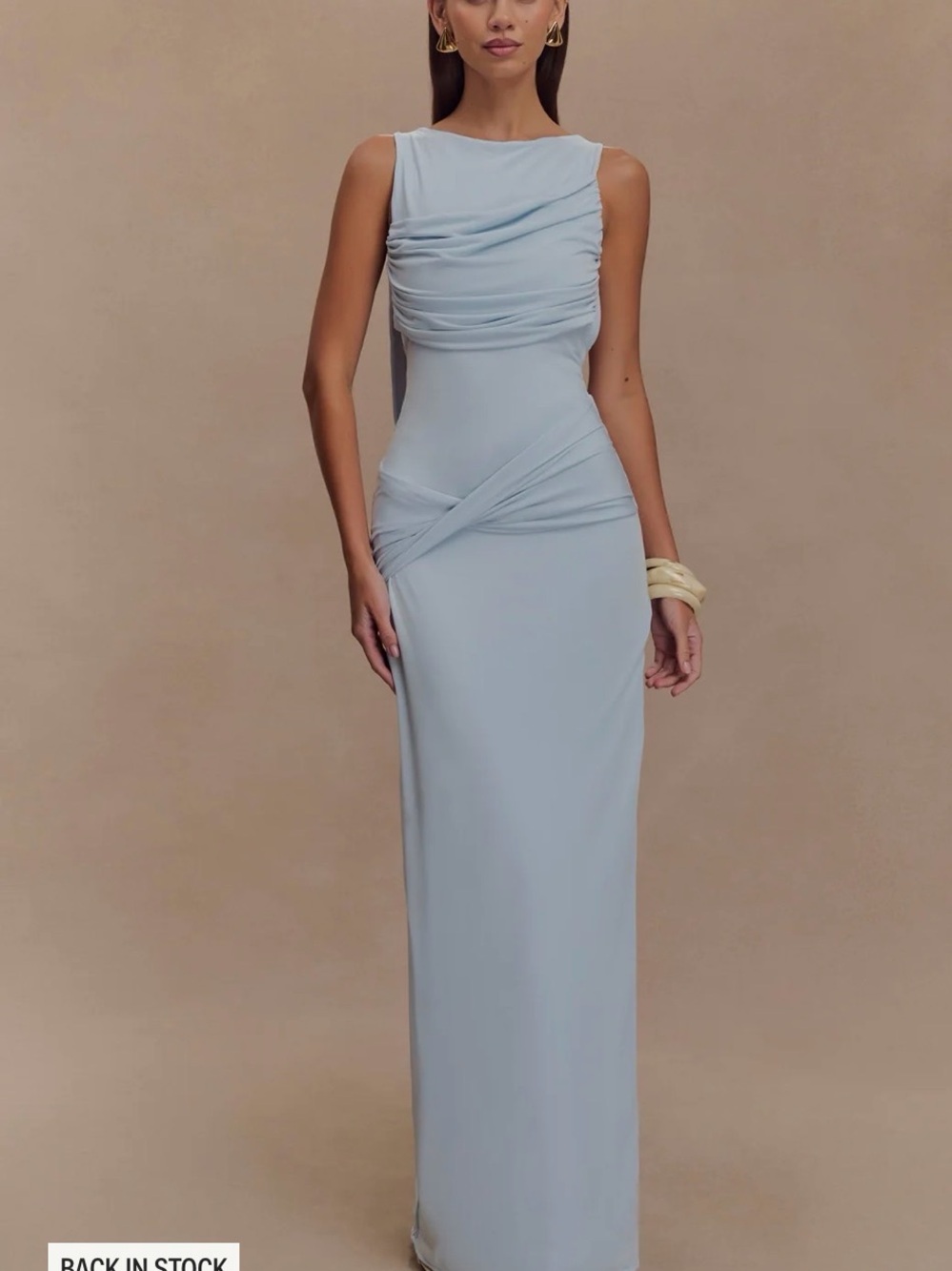 Meshki Pale Blue Sleeveless Draped Maxi Dress
